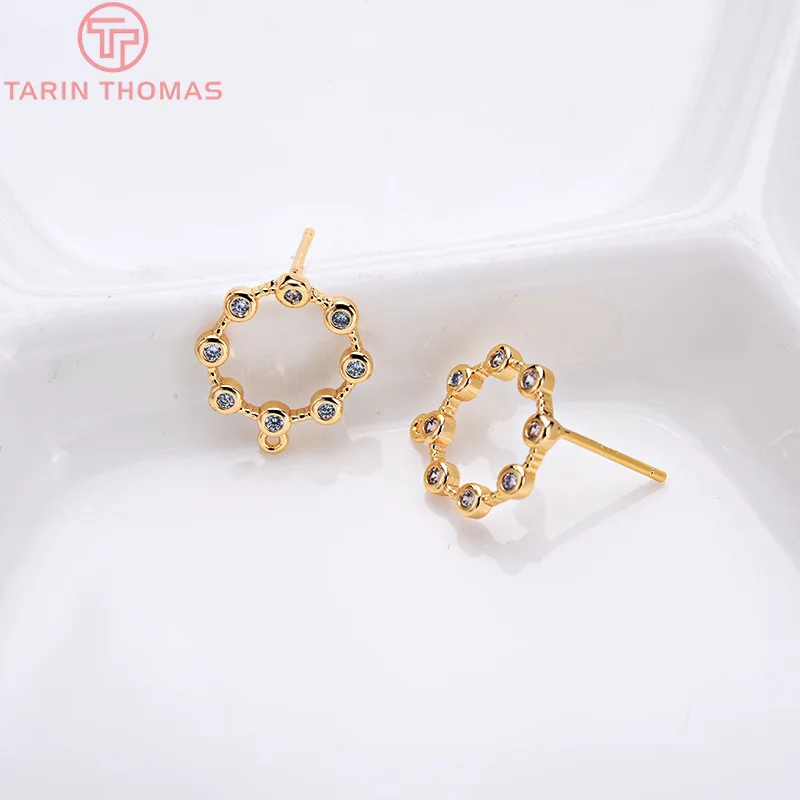 

4 шт., латунные серьги-гвоздики с цирконом, 14 х12 мм