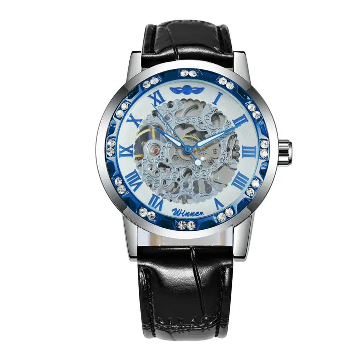 SILVER BLUE WHITE Модные часы со скелетом, бриллиантовые часы для женщин, дизайн Iced Out, ремешок из натуральной кожи, элегантные роскошные механические Женские часы - Цвет: SILVER BLUE WHITE