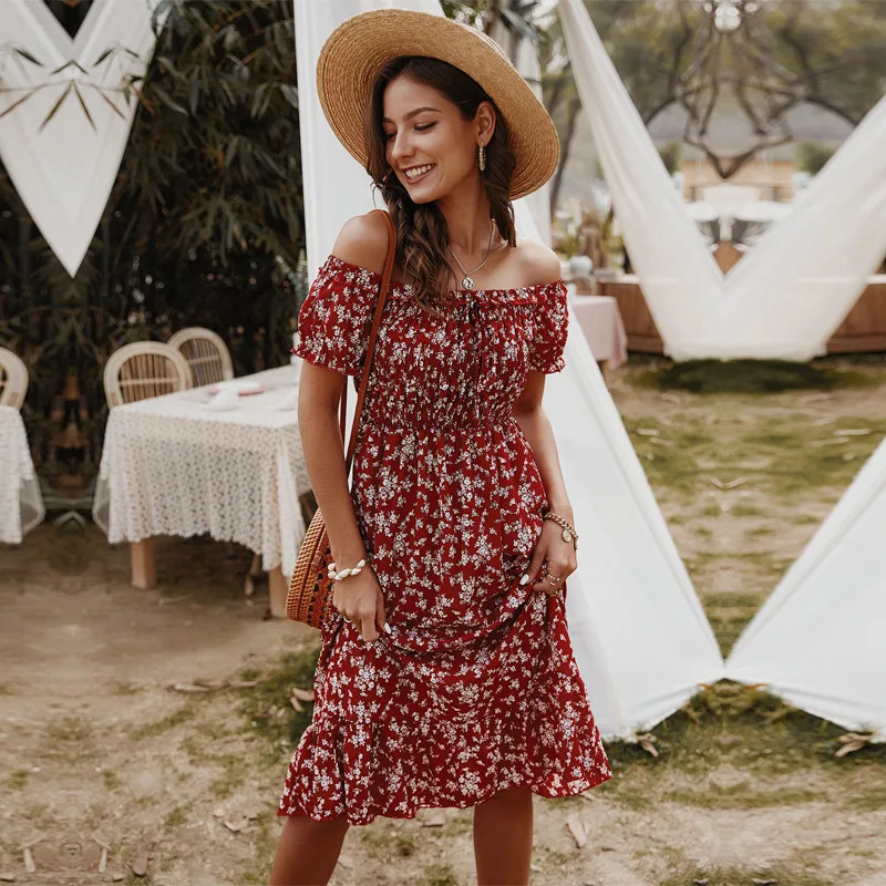 

Ladies Summer Sexy Bohemian Off The Shoulder Dress Women Cotton Slash Neck Floral Print Short Sleeve Elegant Dress 2021 New