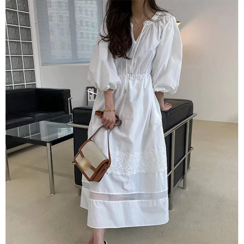 

SuperAen 2021 Korean Long Dress Women Summer Puff Sleeve V Neck Long Dresses Casual Hollow Out Woman Dress