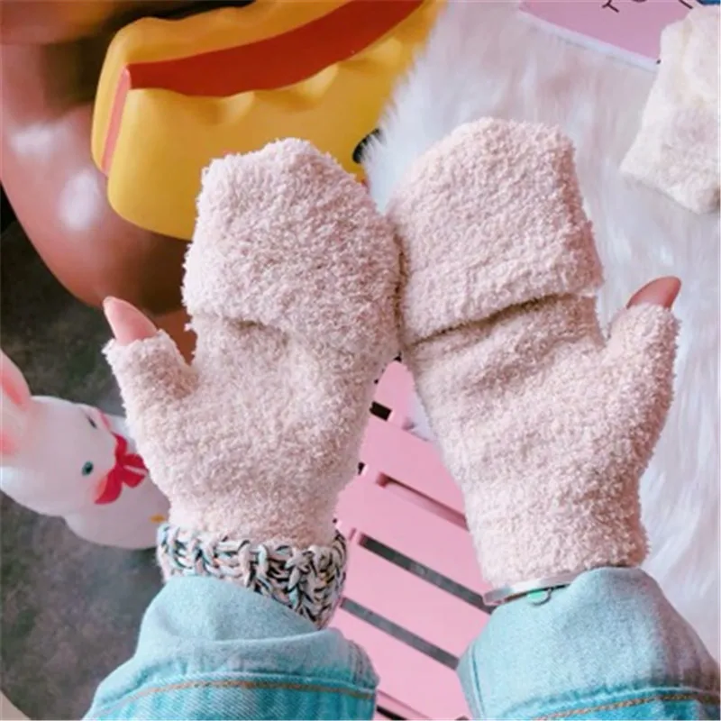 Pure color Plush Gloves Winter adult warm students Half Finger fold women's knitting gloves Japanese and Korean lovely style |