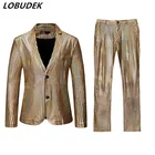 Мужские костюмы в клетку, Радужный золотистый и серебристый лазерный Блейзер, брюки, комплект из 2 предметов, мужской костюм для бара, певицы, хип-хоп, танцевальный костюм для выступлений и танцев