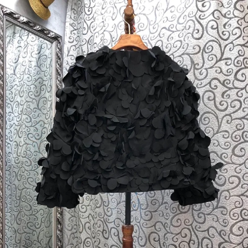 

2020 Autumn Fashion Designer Coats Jacket Women Cutout Leaves Flower Deco Long Sleeve Casual Black Zipper Coat Ladies Outwears