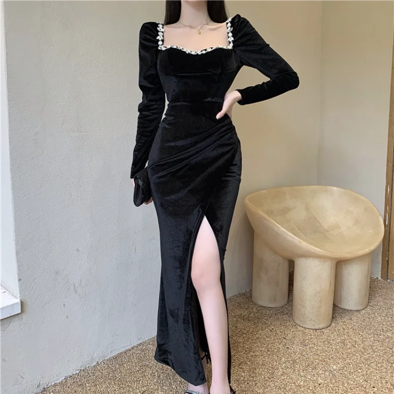 

Облегающие Сексуальные вечерние платья, Женское зимнее черное вечернее элегантное длинное платье, женское французское винтажное платье-го...