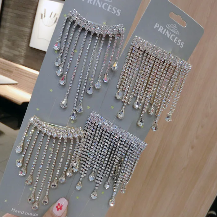 Лидер продаж Модный с кристаллами, со стразами и бахромой Для женщин девушки сбоку заколки для волос в форме капли воды Форма утконоса заколки для волос