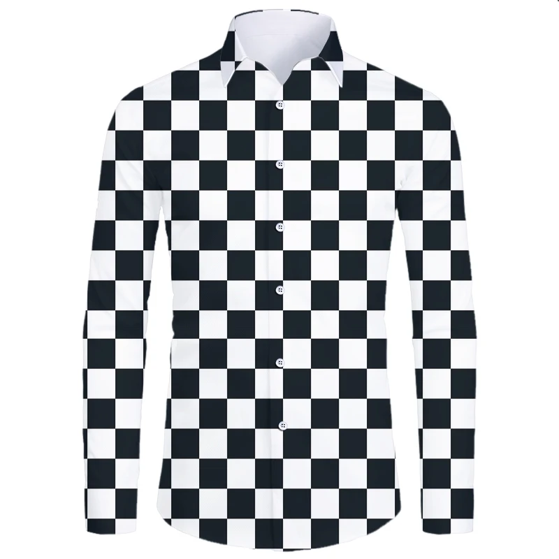 

Рубашка мужская с длинным рукавом, повседневная приталенная блуза с 3D рисунком в черно-белую клетку, весна-осень