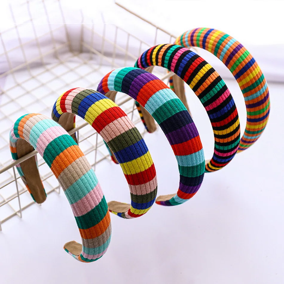 

Корейская мода Радужная повязка для волос для женщин полосатые обручі для волос для девочек женский Ограниченная серия ободок широкий густ...