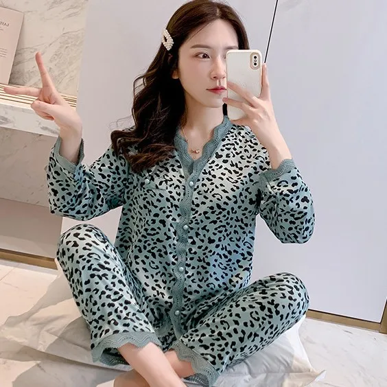 

PajamasPrint Leopard 2PCS Pj's Sets Female Lace V-Neck Women Sleepwear Home Service Long Sleeve Satin Pyjamas Loungewear