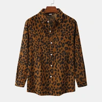 parklees leopard print mens corduroy button up warm shirt casual long sleeve party collared shirt korean clothes streetwear