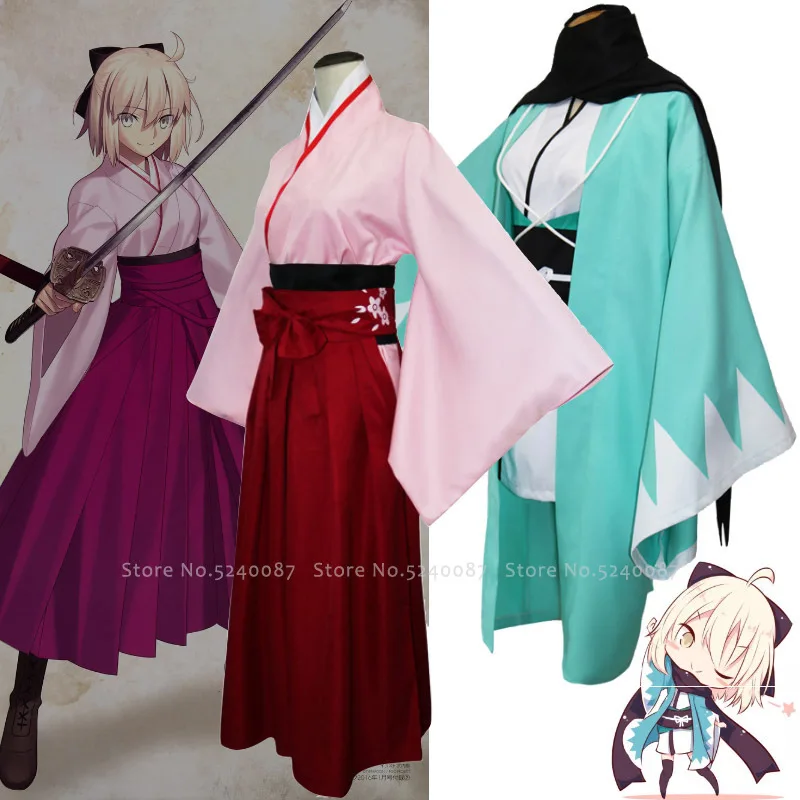 Okita Souji парик Fate Game косплей костюм кимоно юката Халат женский короткий волос