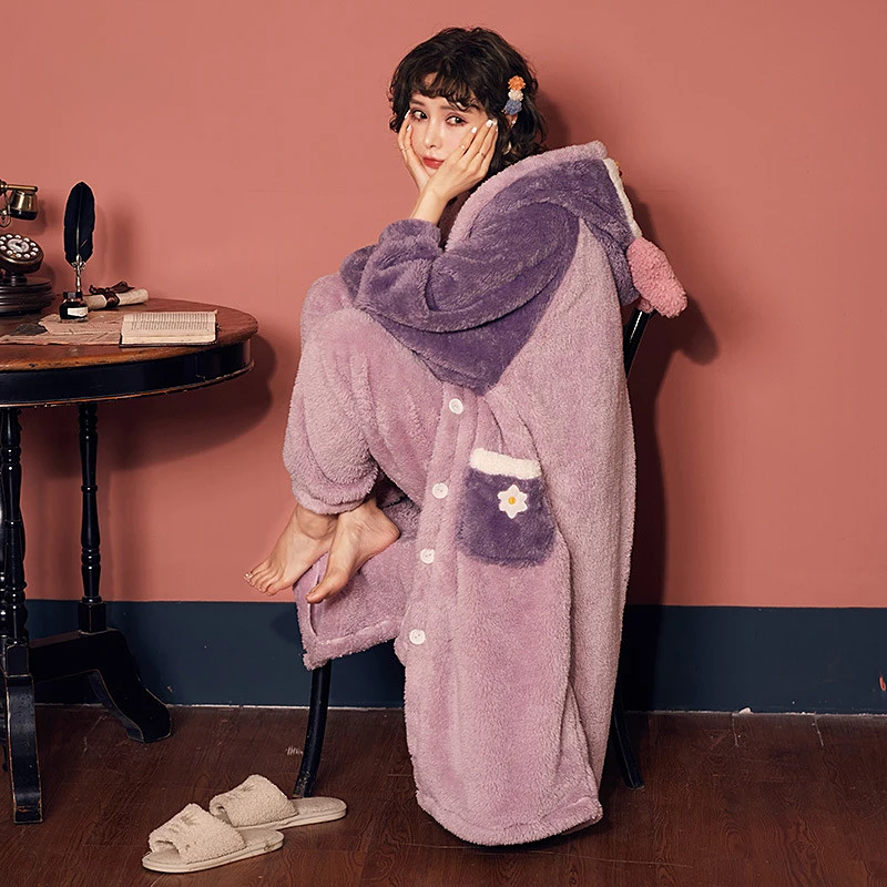 Зимняя Пижама для женщин одежда сна длинный халат комплект утолщенная