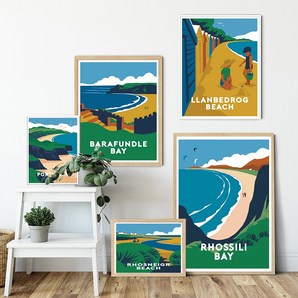 

Abstract Seaside Beach Landscape Travel Cover Art Poster Print Modern Green Mountain Canvas Painting Living Bath Room Home Decor