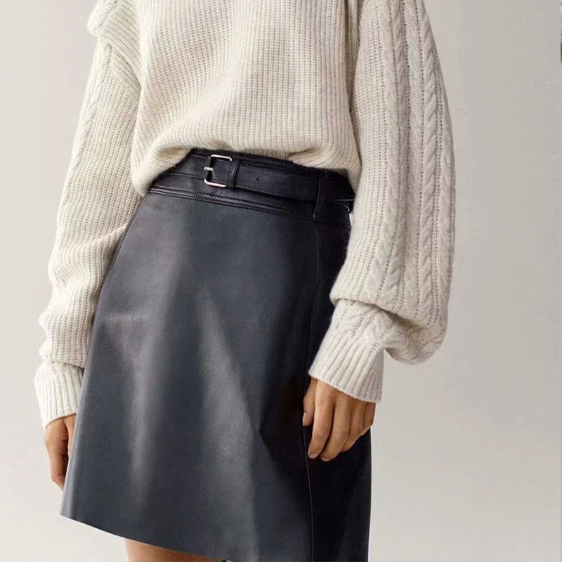 

Chic Women Black PU Faux Leather Skirt with Belt High Waist Ladies Mini Skirt Female A Line Fashion Skirts