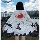 Кимоно женское с принтом рыбы, традиционный кардиган в стиле Харадзюку, юката, уличная одежда с Оби, хаори, Пляжное пальто, в японском стиле