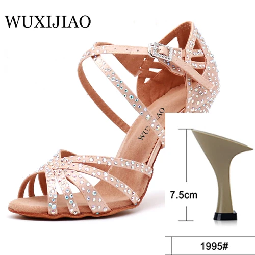 Skin heel heel 7.5cm WUXIJIAO Женская танцевальная обувь для вечеринки Атласная блестящая обувь для латинских танцев с мягкой подошвой и стразами Женская обувь для сальсы heel5CM-10CM - Цвет: Skin heel heel 7.5cm