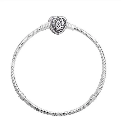 

Original 925 Sterling Silver fashion Bracelet Heraldic Lace Enchanted Heart Clasp Snake Bangle Fit Women Bead Charm Jewelry