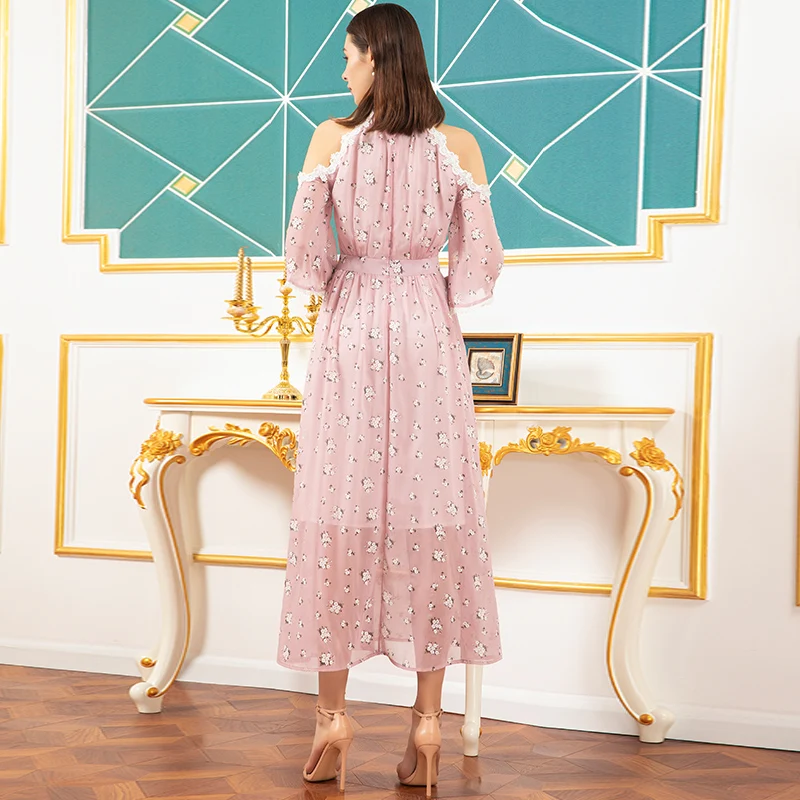 

2020 Chiffon Sweet Summer Long Dress Young Lady Off The Shoulder Print Dress Women Runway Dress Mid-Calf FL1090