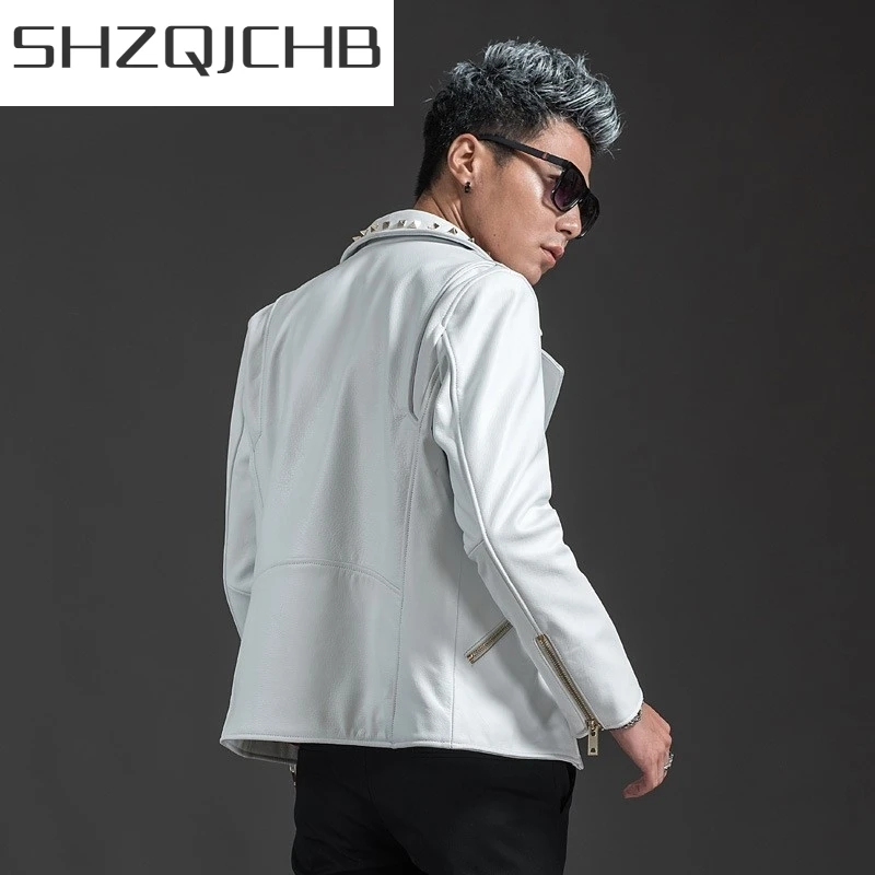 

JCHB 2021 Luxury Goat Skin Mens Genuine Leather Short Jackets Fashion Motorcycle Rivet Long Sleeve Zipper Male Outerwear Coats P