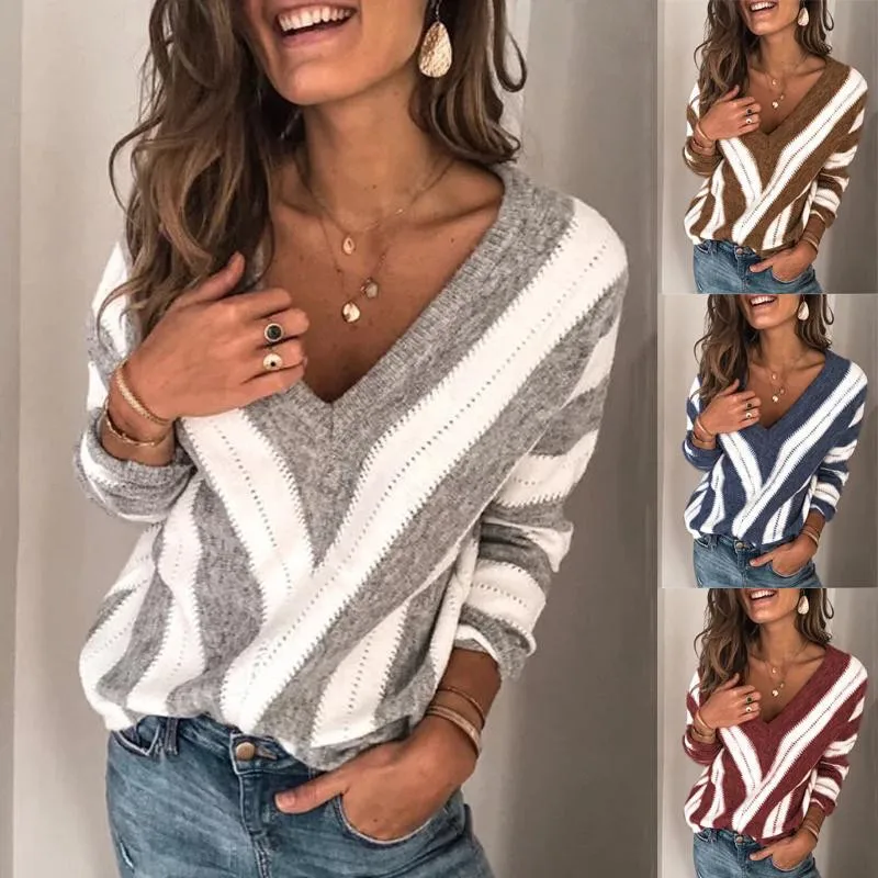 

Women V Neck Long Sleeve Sweaters Plus Size Thin Autumn Patchwork Shirt Jumper Casual Loose Striped Knitted Sweater Tops