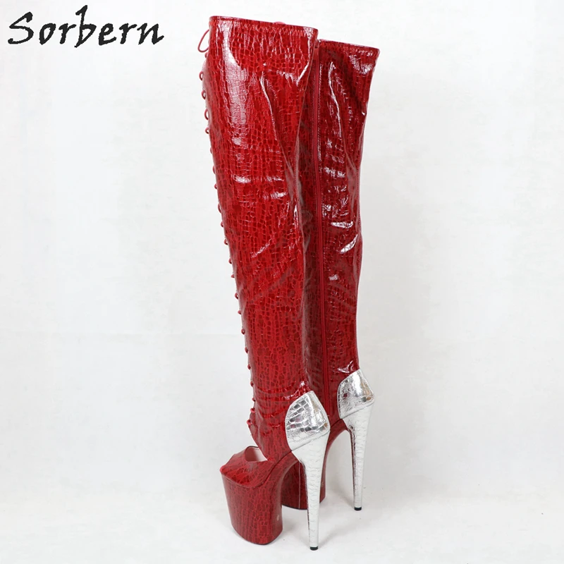Sorbern/красные ботильоны с открытым носком и змеиным узором; женская обувь на высоком каблуке 20 см; ботинки на шнуровке; экзотическая обувь для стриптиза на платформе; Лидер продаж