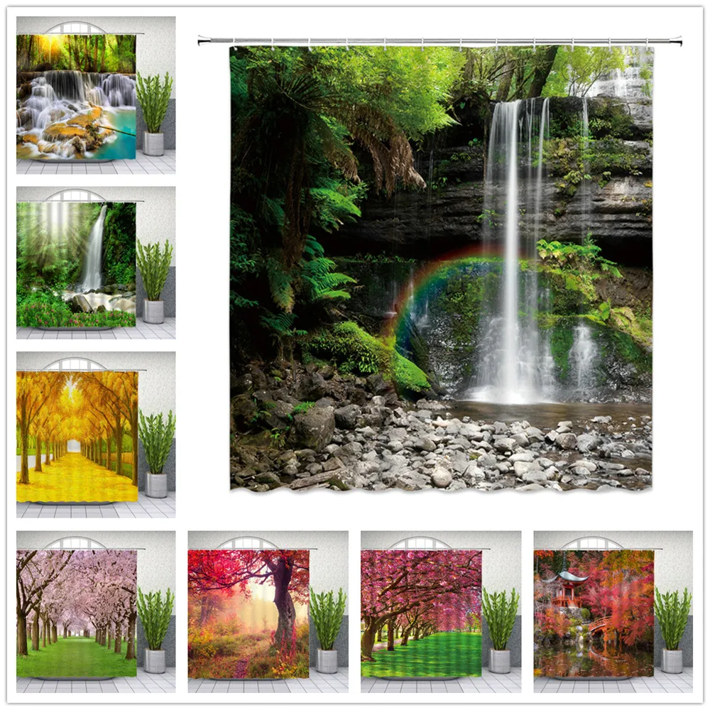 Занавеска для душа Водопад креативный дизайн с рисунком акварели декор ванной
