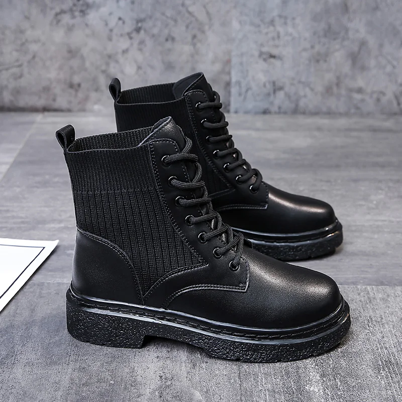 

Ботинки женские кожаные, зимние, водонепроницаемые, черные, на платформе, до щиколотки, со шнуровкой, 2020