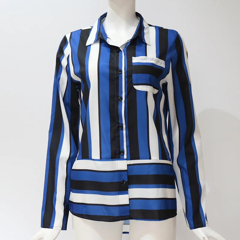 

Women Turn-Down Collar Shirt Long Sleeve Chiffon Blouse Lady Casual Pocket Striped Office Shirt Tunic Blusas Mujer De Moda 2019