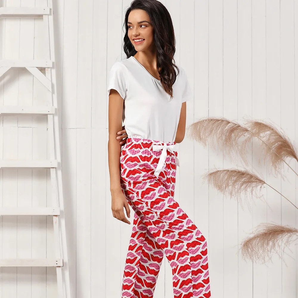 

Short Sleeve Pajamas Suit Casual Summer New Sleepwear Cotton Women 2PCS Sleep Set Home Clothing White Novelty Pyjamas