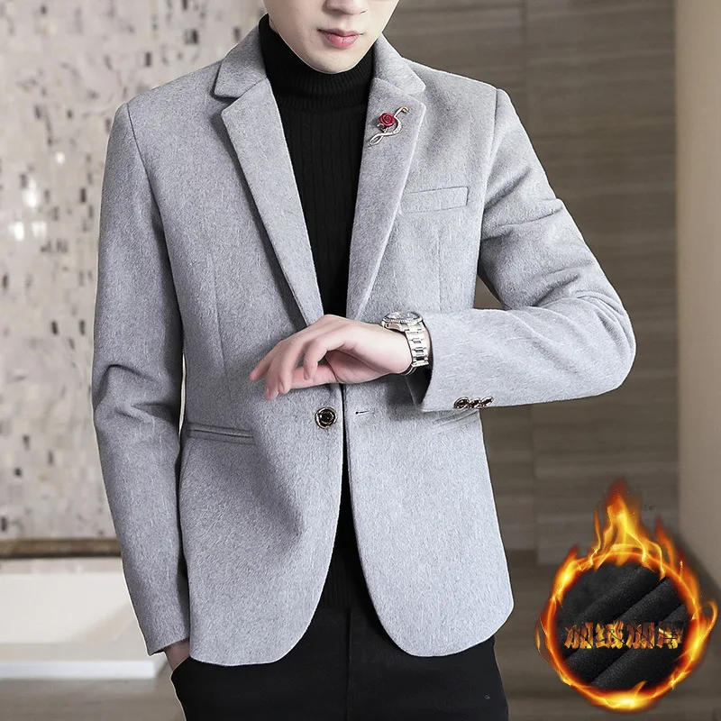 2021 Autumn New Men's Casual Handsome Fleece-Lined Thick Suit Youth Slim Fit Woolen blazer for men | Мужская одежда
