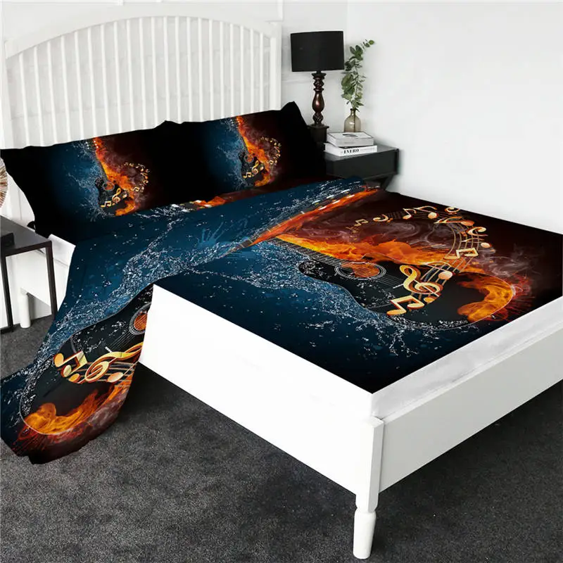 Guitar BeddingOutlet простыня с мультяшными котами, цветная простыня с единорогом, плоский лист с наволочкой, постельные принадлежности, 4 шт., наматрасник - Цвет: Guitar