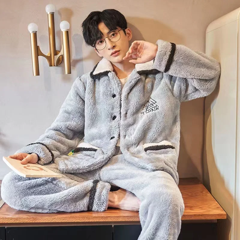 Winter Men's Pajamas Set Coral VelveThicken Warm Flannel 2 Pieces/Sets Pyjamas Long Sleeve Homewear Home Clothing