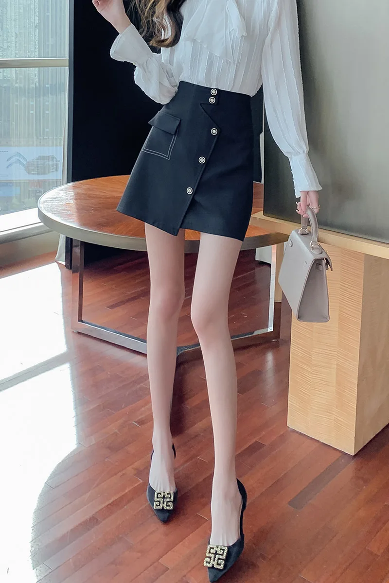 

Houthion Slim New Mini Skirt Casual Fashion High Waist Solid Zipper Pocket Buttons A-Line Line Women's Clothing Summer