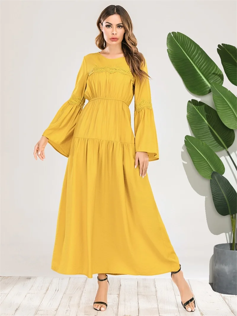

Cotton Elegant Pleated Muslim Maxi Long Dress Women Flare Sleeve Empire Ethnic Islamic Arabic Clothes 2020 Abaya Moroccan Kaftan
