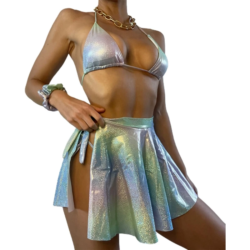 Женский сексуальный комплект бикини из 3 предметов блестящий переливающийся с