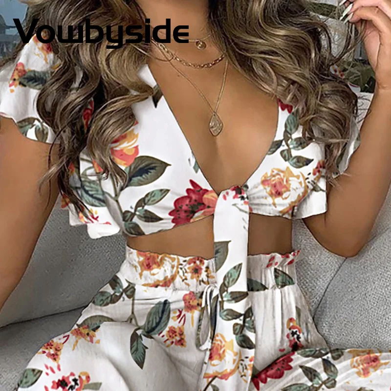 

Floral Print Ruffles Knotted Front Top & High Waisted Pants Set Women Two Piece Set