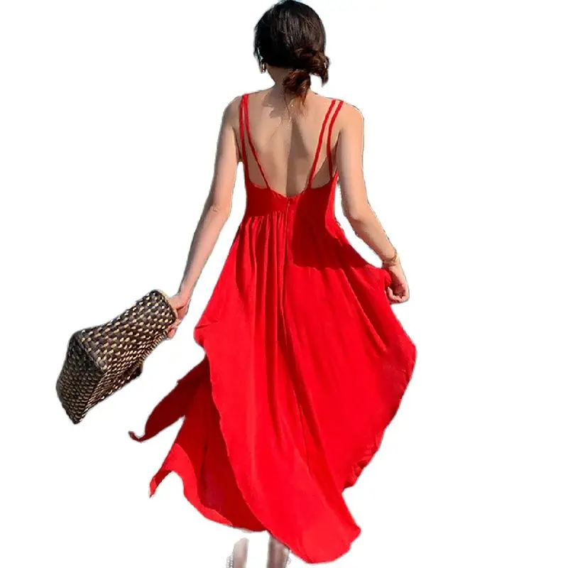 

Korean Fairy Casual Beach Vacation Party Vestidos Women Long Backless Slip Dress Summer 2021 Runway Maxi Vintage Ruffle Sundress