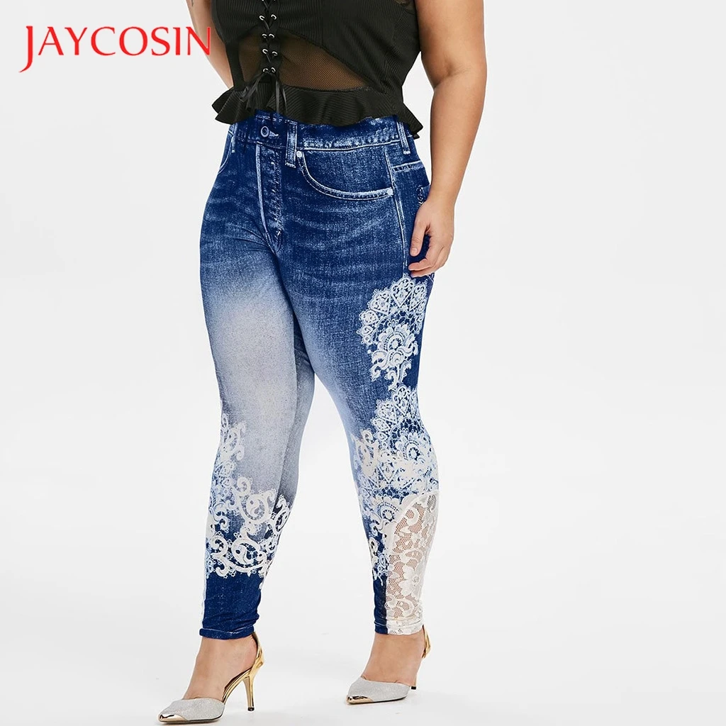 JAYCOSIN женские спортивные Леггинсы для фитнеса с принтом брюки бега джинсовые Tie dye