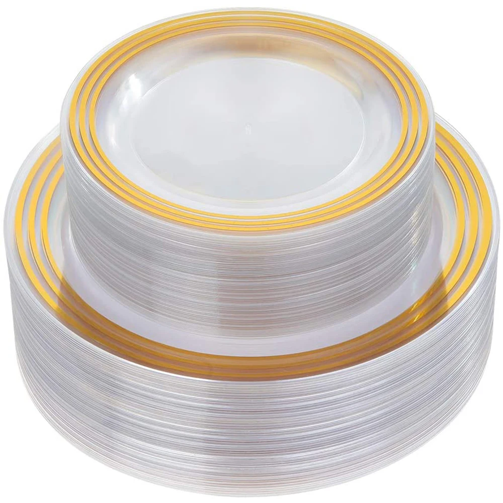 

20Pcs Transparent Golden Plastic Plates 7.5in and 10.25in With Gold Rim Disposable Dinner Plate Birthday Wedding Party Supplies