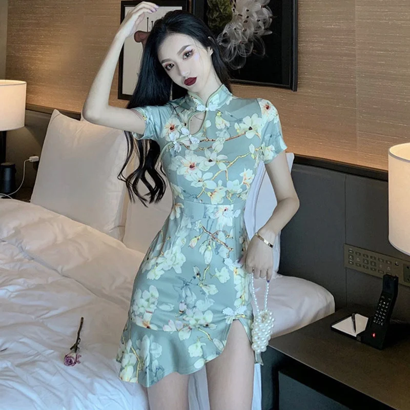 

Женское приталенное платье-Ципао с винтажным принтом и контролируемой талией