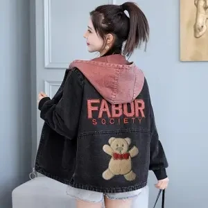 

Spring and Autumn New Korean Style Loose Large Size Slimming Embroidered Hooded Denim Jacket Women's All-Matching Casual Jacket