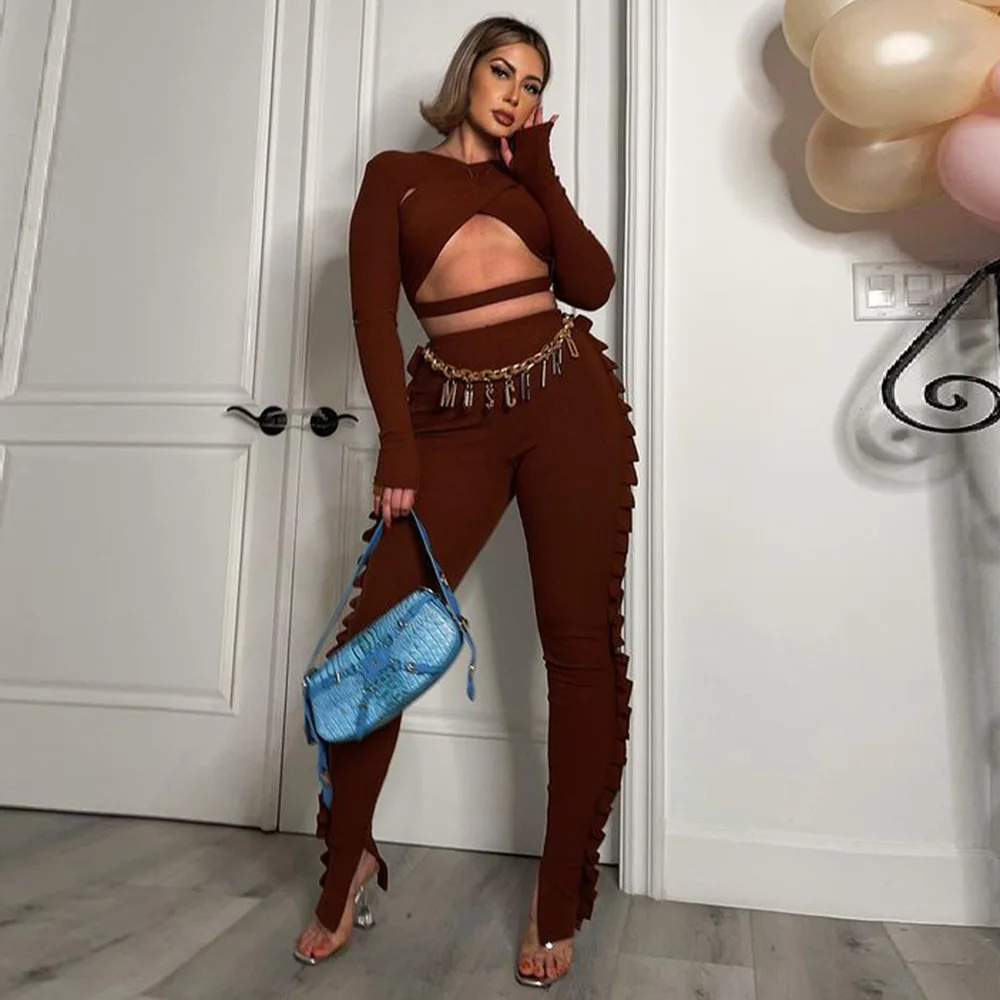 

Вязаный комплект из двух предметов Bangniweigou, Женский Топ с вырезами и брюки с оборками, модные наряды, коричневые повседневные уличные спорти...