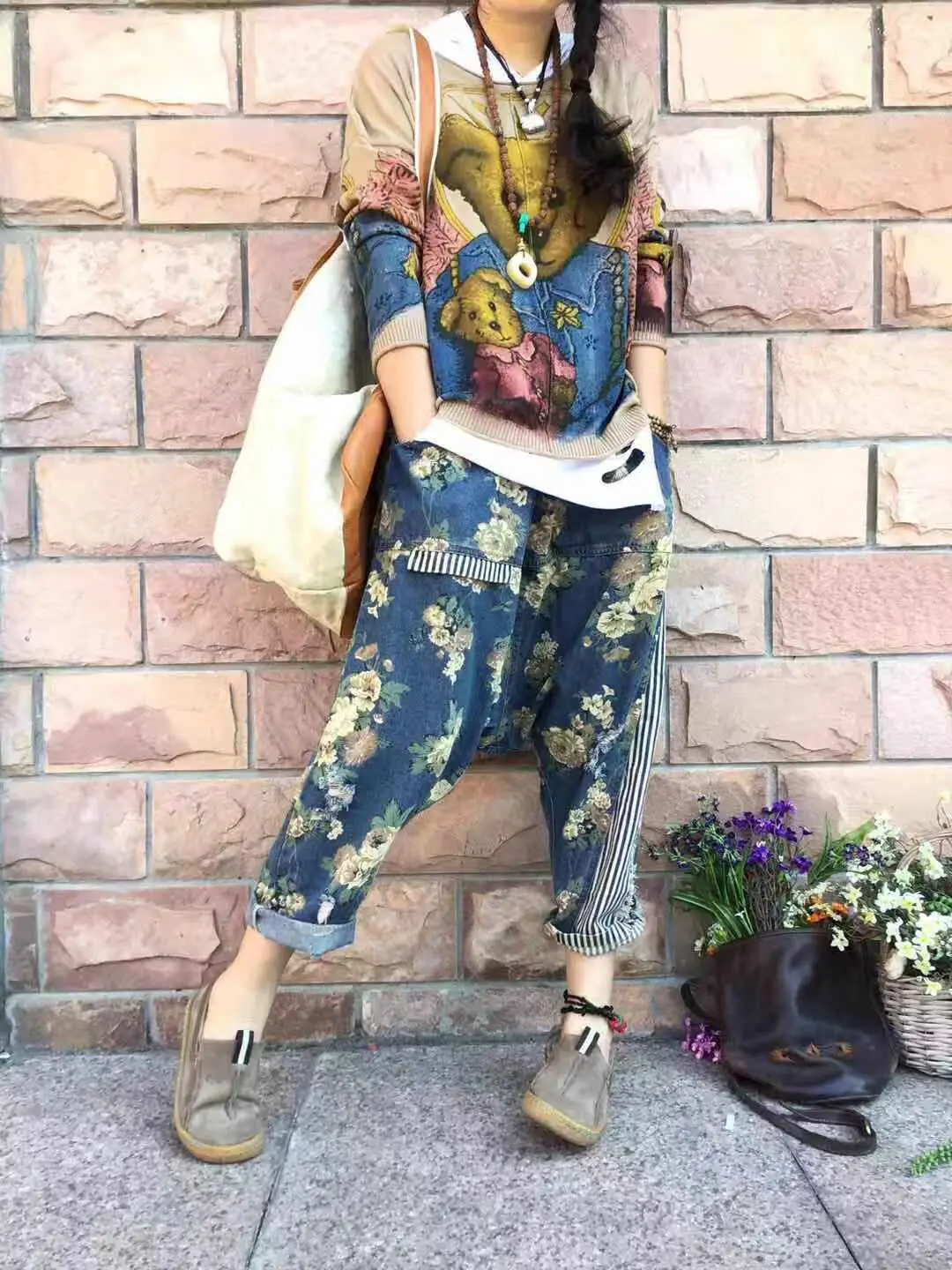 Women Baggy Low Crotch Denim Pants Patchwork Harem jeans Printed hip hop street dance cowboy Trousers Boyfriend Bloomers Joggers