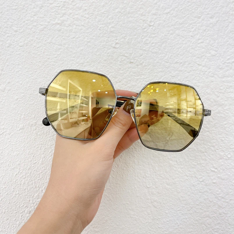 

Металлическая многоугольная оправа мужские солнцезащитные очки 4511 модные круглые женские очки желтые Светоотражающие линзы коричневые ро...