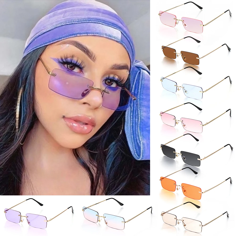 

2021 Fashion Rectangle Rimless Sunglasses Traveling Style Unisex Retro Gradient Glasses Narrow Eyeglasses UV400 Shades Eyewear