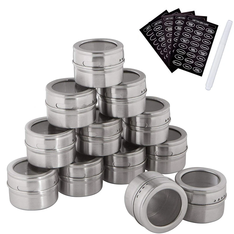 

LMETJMA Magnetic Spice Jars Set With Spice Labels and Chalkboard Pen Stainless Steel Seasoning Pepper Spice Storage Jars Tins