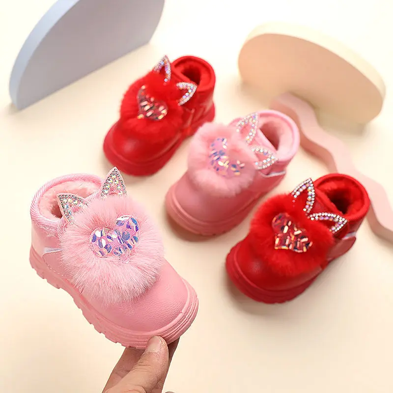 

Love Heart New Winter Girls Cotton Boots Princess Winter Boots Children Plus Velvet Snow Boots Mid-high Boots Kids Snow Boots