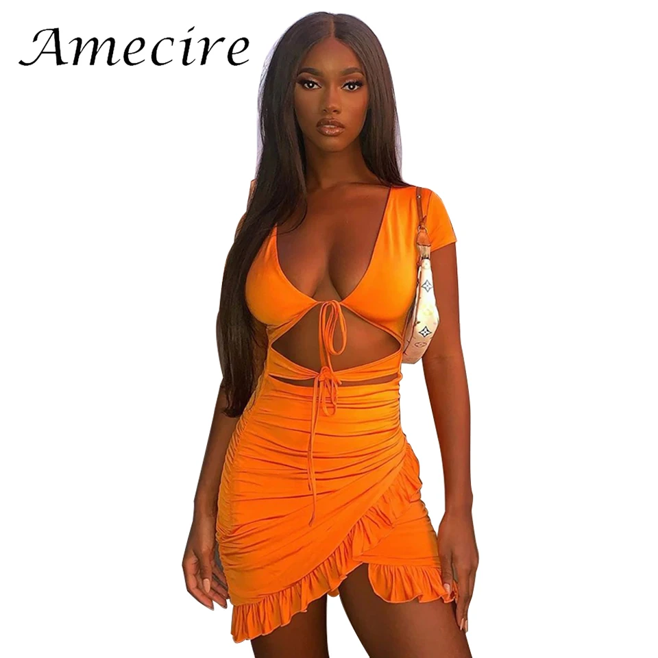 

Amecire, женское летнее милое мини-платье с оборками, пикантная элегантная одежда для отдыха, модная повседневная одежда с вырезами, на шнуровк...