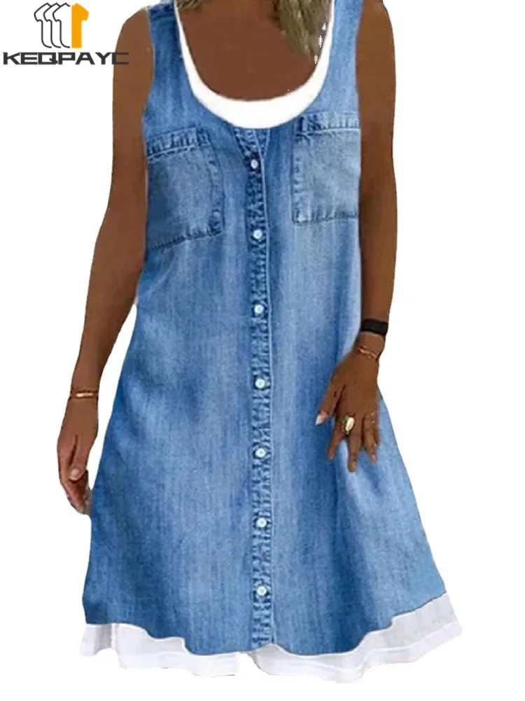 

Fake Two-pieces 2021 Vintage Square Collar Casual Dress Women Denim Loose A-line Dress Summer Sleeveless Tank Dresses