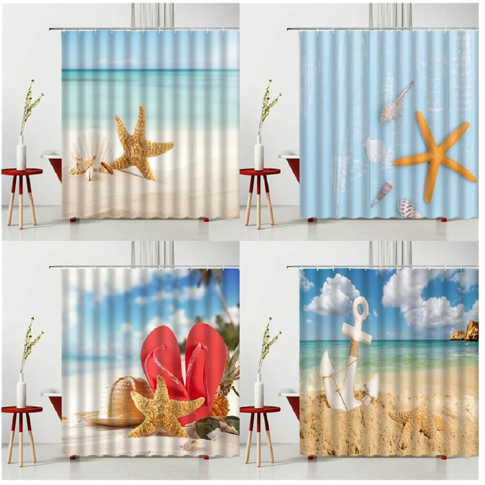 

Seaside Beach Coconut Tree Shower Curtain Starfish Anchor Shell Waves Bedroom Curtain Polyester Fabric Bathtub Decor