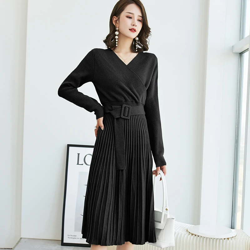 Женское трикотажное платье свитер однотонное элегантное Плиссированное Платье